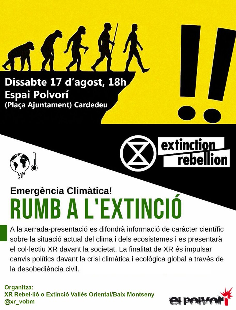 ⌛🌍 Properes activitats al Vallès Oriental i el Baix Montseny

🔴Dilluns 12 d'agost 20h. assemblea a la Sala Sarau de Cardedeu

🔴Diumenge 17 d'agost 18h. Xerrada-presentació a l'espai festiu <a href="/PolvoriCardedeu/">El Polvorí Cardedeu</a> (pl. de l'Ajuntament)

Ajuda a difondre!📲facebook.com/events/2607277…