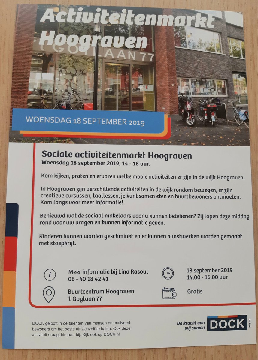 Jaaah! Woensdag 18 september is er een #activiteitenmarkt in #buurtcentrum Hart van #Hoograven. Wat is er allemaal te doen; daar en in de wijk?! Wat kan een sociaal makelaar voor je betekenen? Kom langs en maak kennis <a href="/DOCKUtrecht/">DOCK Utrecht</a>