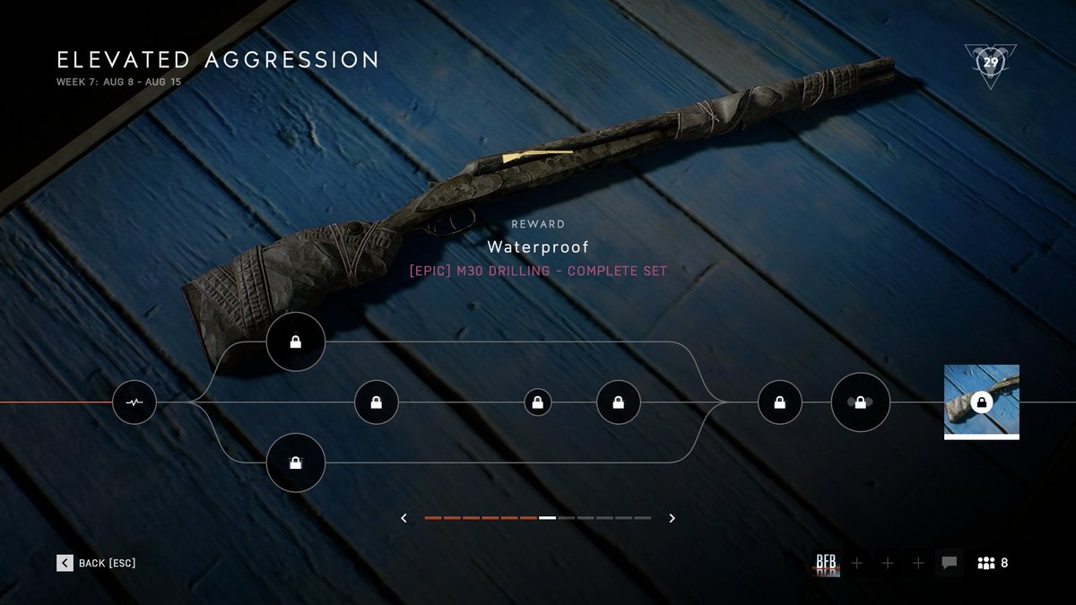 BFBulletin's tweet photo. UPDATE: #BattlefieldV Chapter 4: Defying the Odds.

✅Weekly Challenge #7 live now until August 15.
✅Reward: "Waterproof" Epic Skin for M30 Drilling. https://t.co/m4dW8psqJD