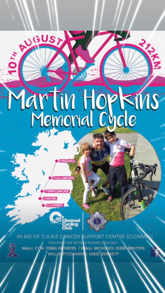 MartinsCycle's tweet photo. Please RT-Really appreciate support this Saturday 10th Aug for 212km cycle in memory of Garda Sgt Martin Hopkins! Cheer us on along the route from Cavan to Clonmel, or click here to donate to CARE Cancer Services https://t.co/Ka6QhXgmyU ๐๐ด๐ปโโ๏ธ#pancreaticcancer #cycleforMartin https://t.co/fcq5GYncoF