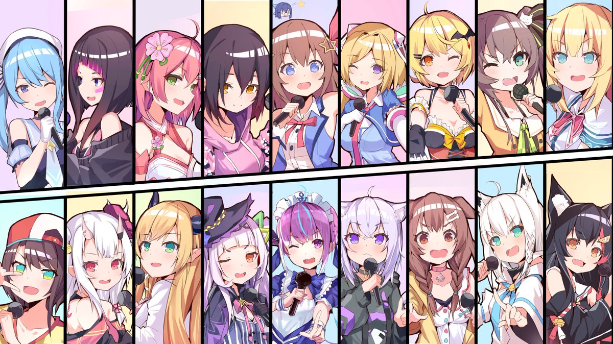 akai haato ,aki rosenthal ,inugami korone ,minato aqua ,murasaki shion ,nakiri ayame ,natsuiro matsuri ,nekomata okayu ,ookami mio ,oozora subaru ,roboco-san ,sakura miko ,shirakami fubuki ,tokino sora ,yozora mel ,yuzuki choco 6+girls multiple girls dog ears animal ears hair ornament brown hair ahoge  illustration images