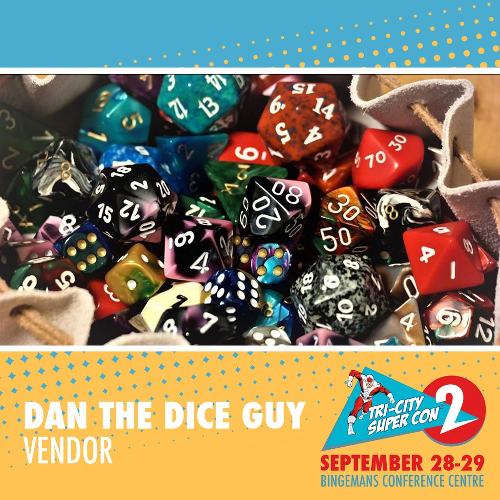 TricitySuperCon's tweet photo. Critical hit! Dan the Dice Guy is going to be at Tri-City Super Con! Spice up your RPG campaign with a unique set of dice. #tricitysupercon #comcicon #kitchener https://t.co/SJPeX2PQFM