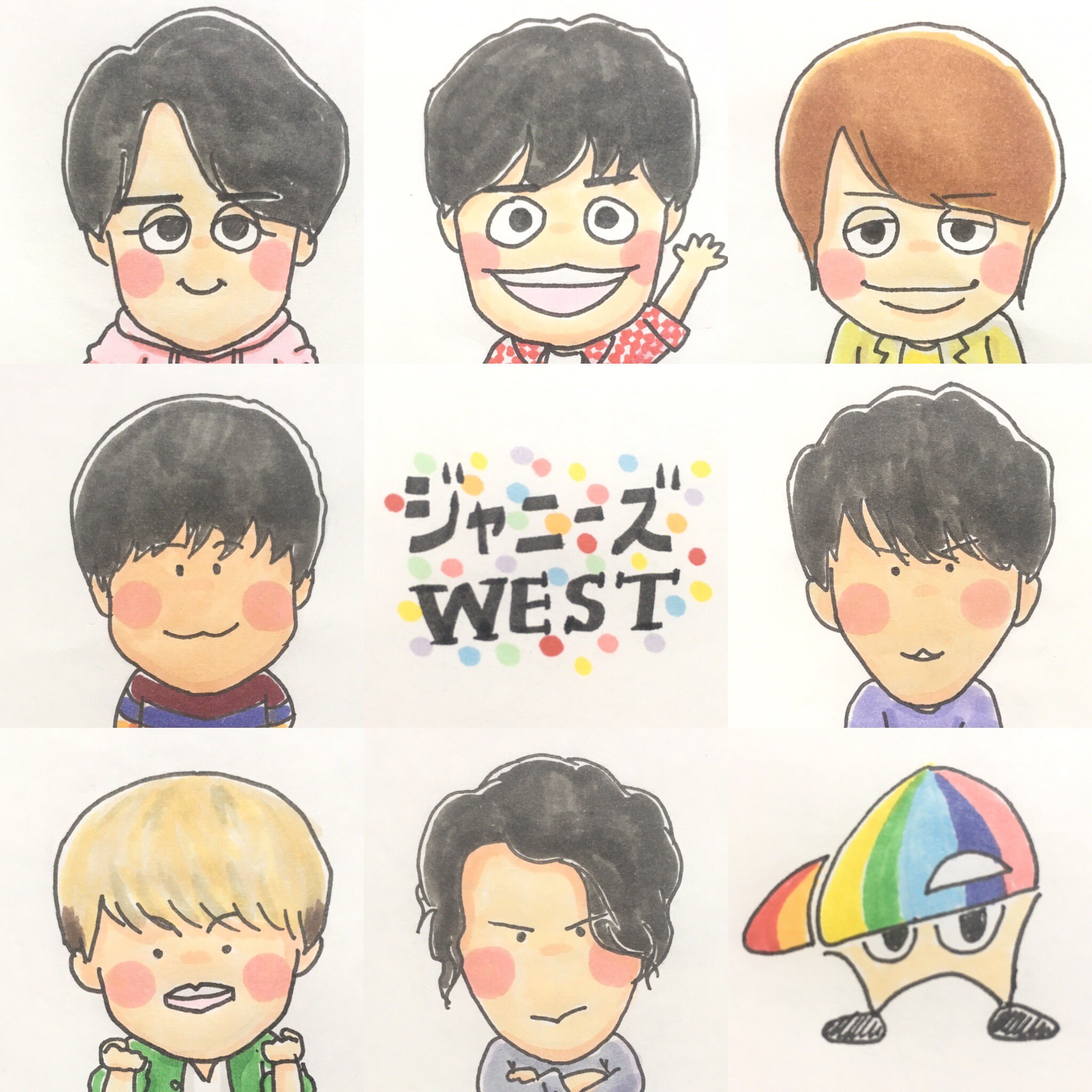 ひーさよ 19 8 8 ジャニーズwest リクエスト絵 ジャニーズwest 似顔絵 小瀧望 重岡大毅 中間淳太 桐山照史 濱田崇裕 神山智洋 藤井流星 イラスト ジャケ写風 Vs嵐のときの衣装です T Co Umproxowz6 Twitter