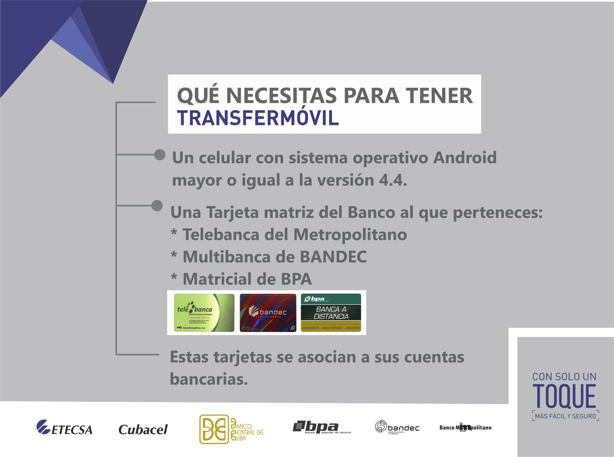 BancoCentralCub's tweet image. #YoUsoTransfermovil 
¿Qué necesitas tú para tener Transfermóvil? 
#BancaMovil 
#BancaElectronica 
#CubaInformatiza 
@IrmaMartinezC 
@AlinoKaterine 
@NaiviMontane 
@ETECSA_Cuba 
Aquí te dejamos la respuesta⬇️