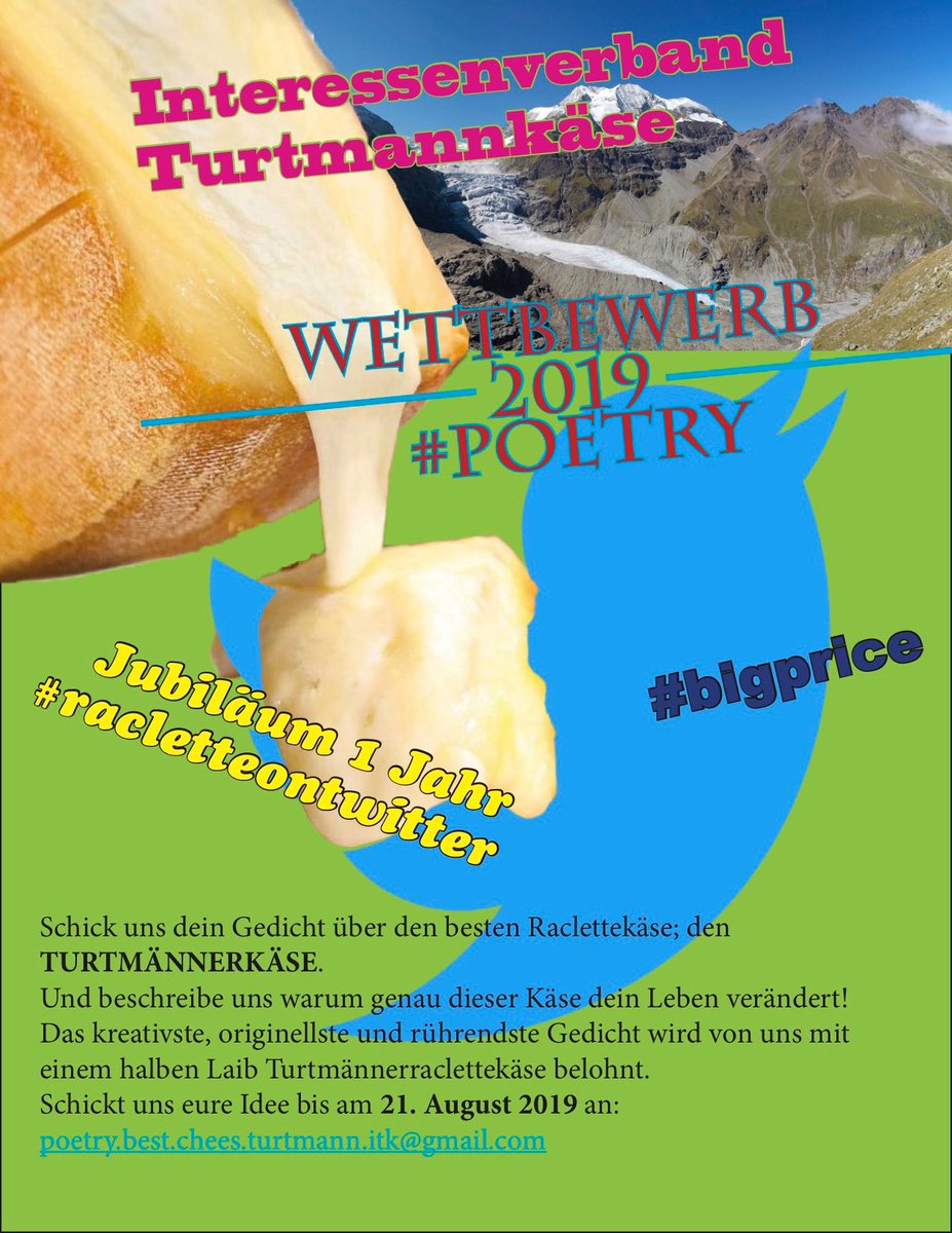turtmannkase's tweet photo. Der ITK feiert am 21. August sein einjähriges Twitter-Jubiläum. Zu diesem Ereignis haben wir uns etwas ganz Besonderes ausgedacht. Wir suchen das kreativste, originellste Gedicht über die Liebe zum besten Raclettekäse der Welt. Zeig uns deine Gefühle!
#auchmännerherzenschmelzen https://t.co/AOxZq5mvfi