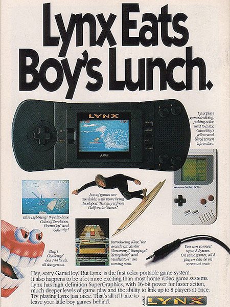 Here’s another ad that opted to bash competing products, because the product in question was lacking. Fun fact: There are ~73 Lynx games and an absurd 1049 Game Boy games. *Not* counting Game Boy Color! Also the Lynx was gigantic and clunky to hold.