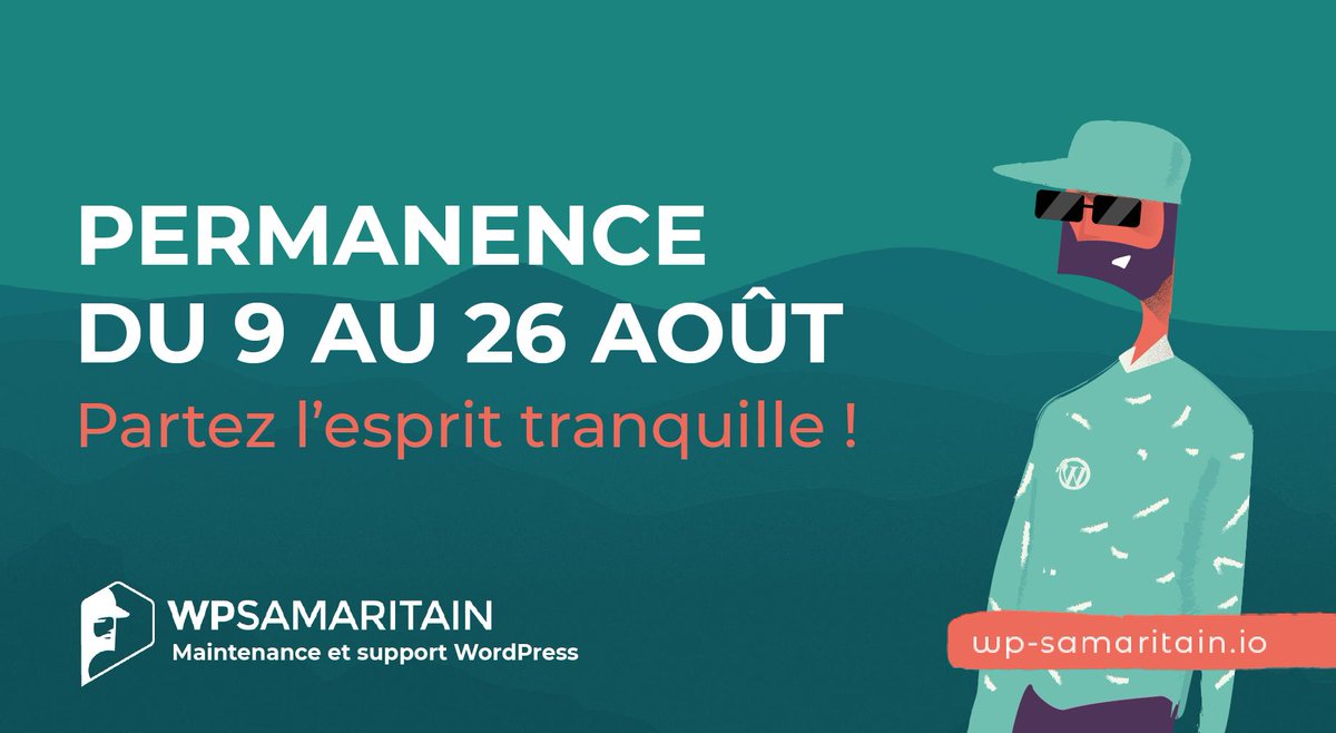 WpSamaritain's tweet photo. Partez en vacances l'esprit tranquille cet été ! Vos Samaritains restent à l'écoute pour la maintenance et le support de vos sites WordPress. ;) https://t.co/yEVQWhvNLu  #maintenance #support #bug #WordPress #vacances #jeprendssoindemonWordPress https://t.co/d2FbPrcwck