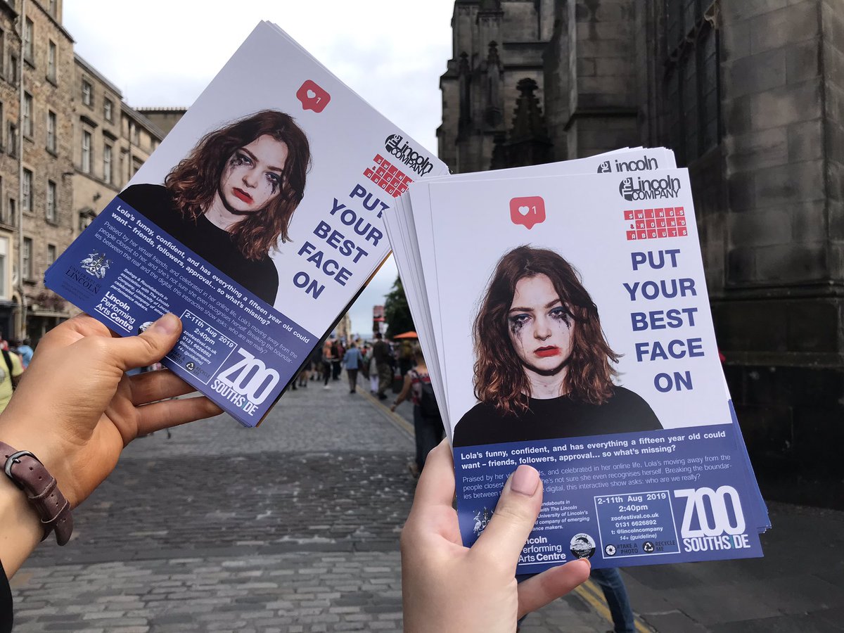 SpCaoimhe's tweet photo. I’m off home today. Been such an incredible fringe &amp; I’ve enjoyed supporting such a talented theatre company. Their show is so striking &amp; tackles the issues presented with social media. It’s something everyone can relate to. Amazing. @roundabouts_ @lincolncompany #edfringe https://t.co/L253o7BBmj