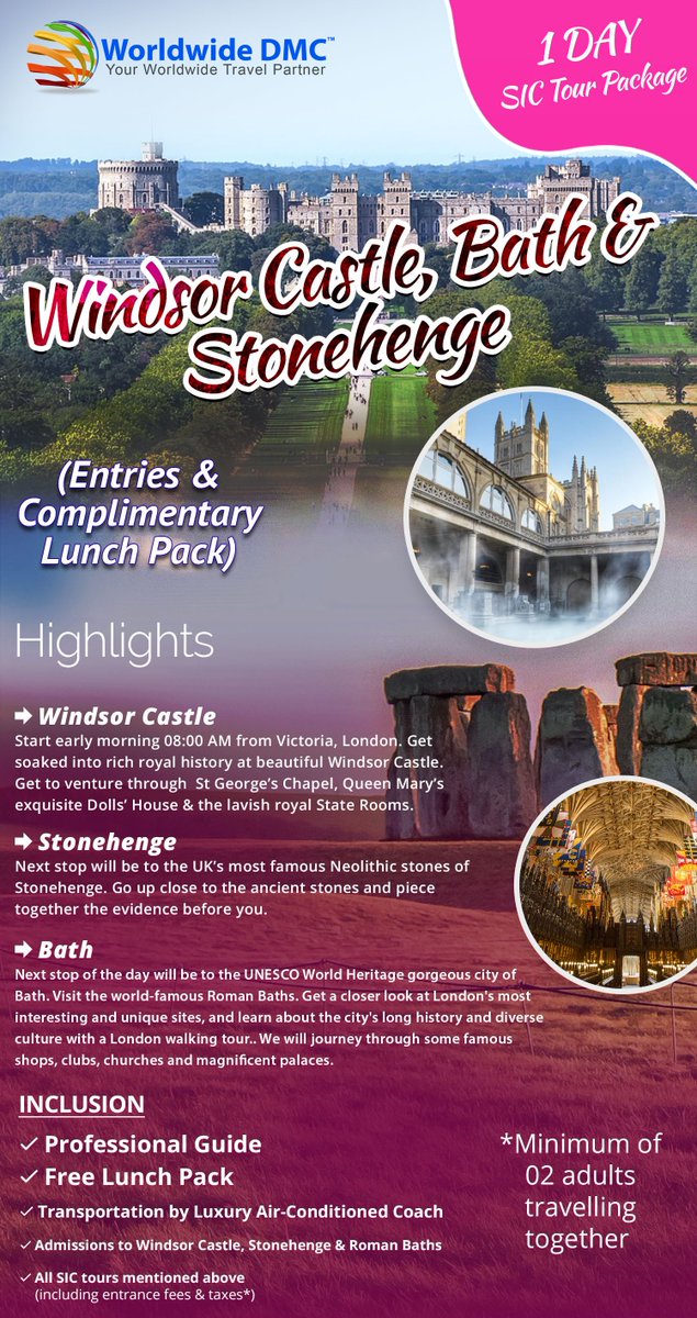 worldwidedmc's tweet photo. Windsor Castle, Bath & Stonehenge Guided Tour from London – @worldwidedmc
Call Now: +44 20 8569 8080 or
Email at enquiries@wwdmc.com
Visit https://t.co/E6BHxXCO60
#DMC #UKDMC #EuropeDMC #USADMC #UAEDMC #DUBAIDMC #SwissDMC #England #Tour #Travel #B2B #Train #Holiday #Packages https://t.co/iHH8QZRiia