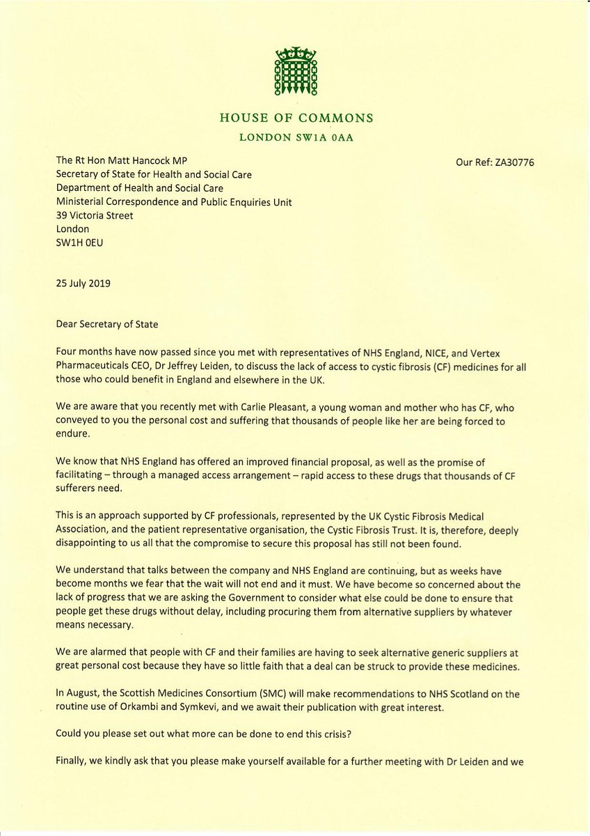LordIanAustin's tweet photo. Thanks to all MP's who signed my letter to @VertexPharma CEO Dr Jeffrey Leiden and @MattHancock urging them to meet again and report on what they are doing to ensure CF patients get access to #OrkambiNow https://t.co/EdLs0csRzB