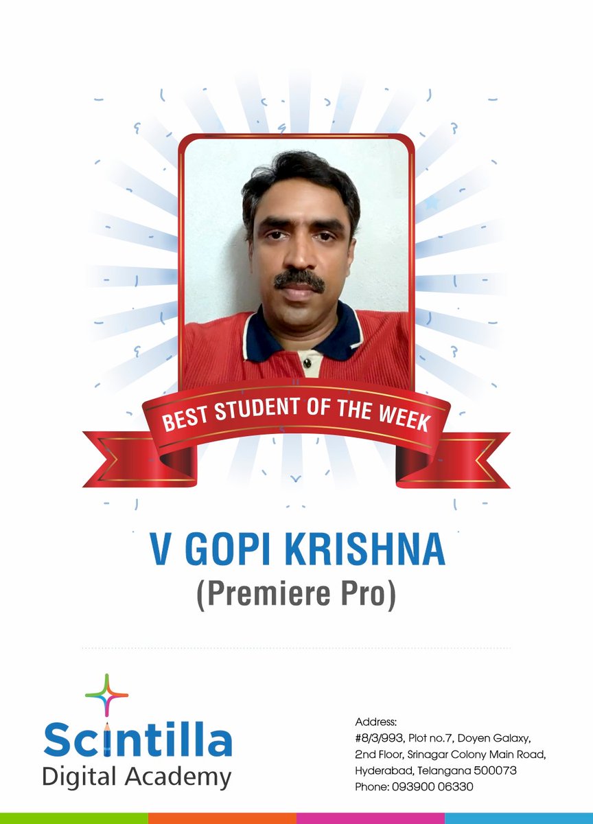 ScintillaAcadem's tweet photo. Congratulations V Gopi Krishna for your achievement as Best student of the week in #PremierePro.
Join Film Making course https://t.co/u5pHyaqz8L
Contact Us 9390006330 for more details.
#VideoEditingTraning #PremiereProtraininginhyderabad #filmmakingcourses #FilmTwitter https://t.co/8hDHglPx8j