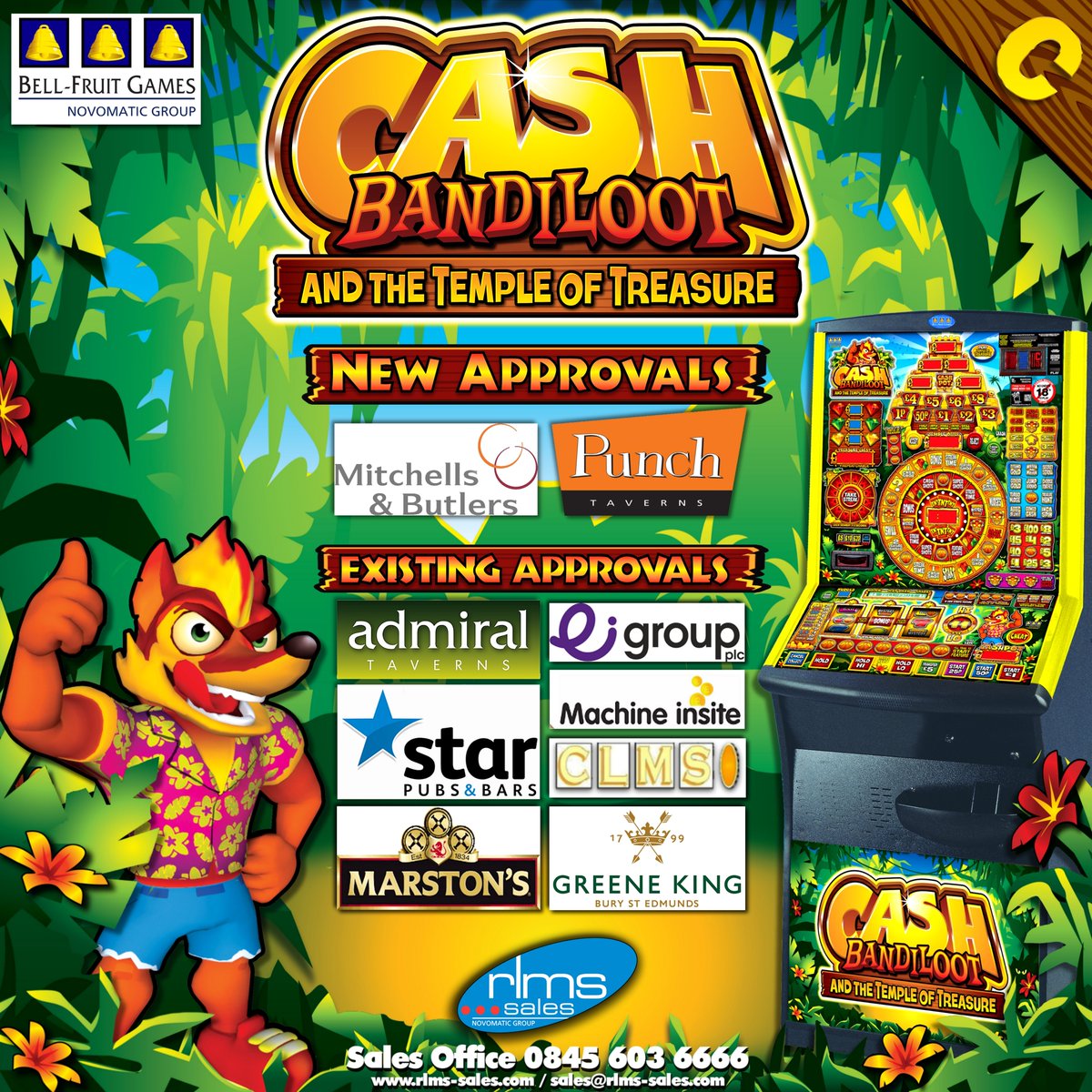 RLMSSales's tweet photo. Bell-Fruit's incredible Cash Bandiloot has now received 2 further retailer approvals from Mitchells &amp; Butlers and Punch Taverns. It's available as a Door Kit or complete machine so don't delay call RLMS Sales on 0845 603 6666 and order yours Today!
#bellfruit #rlms #tonyglanville https://t.co/0iNMbArUC0