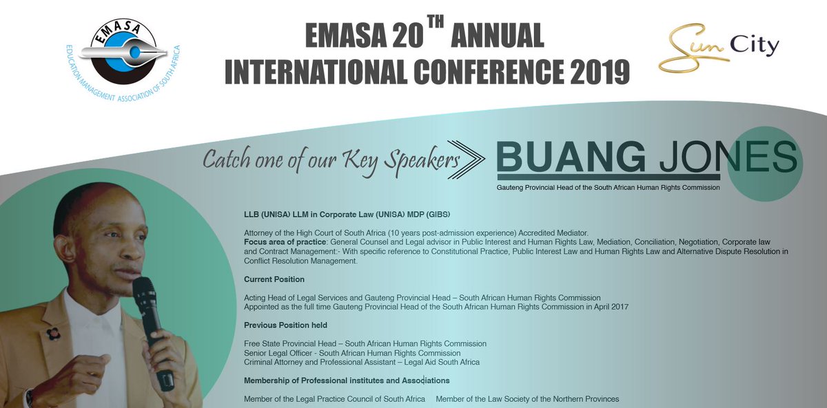 EMASA_1's tweet photo. Catch @IamBuangJones Gauteng Provincial Head of the South African Human Rights Commission on Friday 13th September 2019 at the #2018EMASAConference #KeNako

@AlisonBengtson
@Nana_leopeng
@EducationGP
@theNWU
@WitsUniversity
@DBE_KZN
@UCT_news
@edu_limp  @unisa
@Rhodes_Uni https://t.co/6Ydshx8GQz