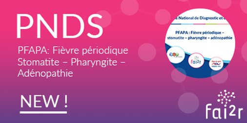 contactfai2r's tweet photo. 🆕 #PNDSPFAPA : Rédigé sous la coordination du Pr TOUITOU, sous l'égide du #CeRéMAIA, le PNDS #PFAPA Fièvre périodique – #stomatite – #pharyngite – #adénopathie est désormais en ligne sur le site de l'@HAS_sante ✅ Lien direct 👉 https://t.co/hLIWMrXm7O #PNDS #maladiesrares https://t.co/3XWMdvZ7s0