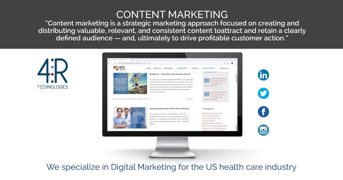 4R_Technologies's tweet photo. Content Marketing includes:
- Relevant  blog posts  &amp; online publications
- Strategically chose distribution channels
- Email campaigns
Supporting services includes:
- Copy writing
- Lead mining &amp; management
- Content research

#4Rtechnologies #digitalmarketing #UShealthcare https://t.co/dp3j86mFiv