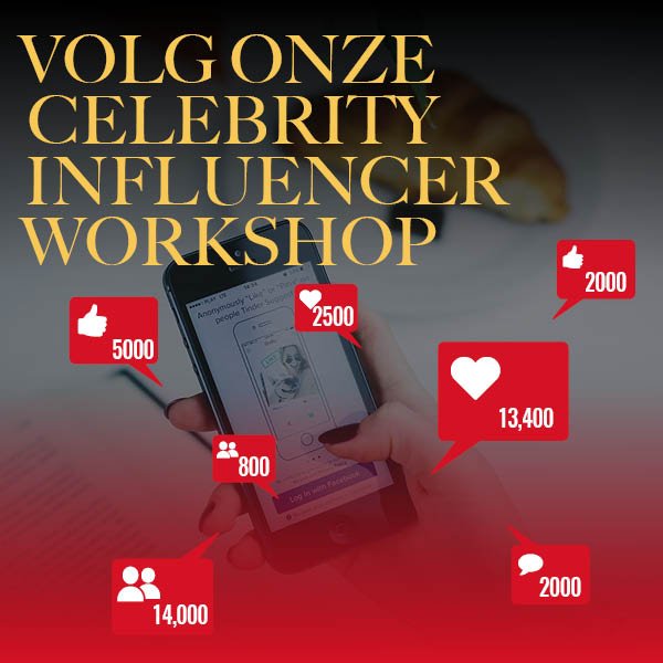 Volg jij veel influencers en zou je dit zelf ook willen worden? Goed nieuws! Wij organiseren een ‘’CELEBRITY INFLUENCER WORKSHOP’’ Deze workshop leidt je in één avond op tot social influencer!

Meer informatie en tickets voor dit event vind je via hier: bit.ly/2OJkoYN