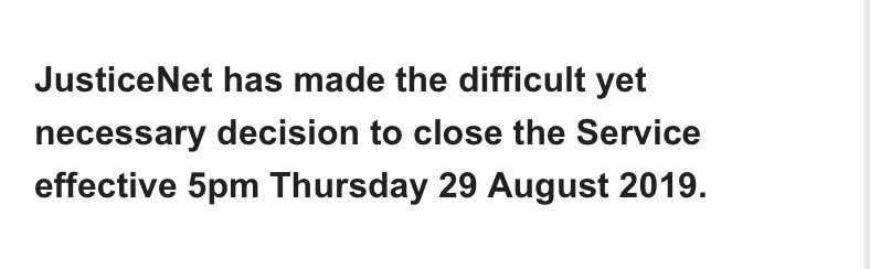 _LisaParker's tweet photo. Terrible news that @JusticeNetSA has been forced to close its wonderful State Courts Self-Representation Service. 
Unrepresented litigants are a heavy burden on the legal system. Adequate public funding ought to be a key priority, if for nothing else to increase court efficiency. https://t.co/QjzUdF5mge