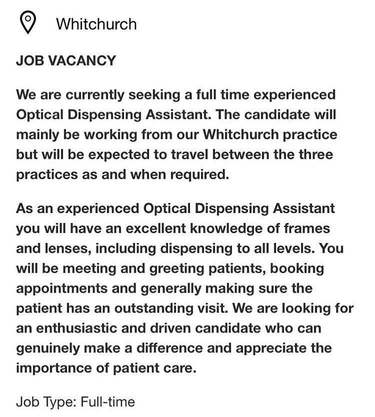 janesmellie's tweet photo. #JobVacancy #Alert •
We are recruiting!! Full time Optical Dispensing Assistant required for our #Whitchurch practice but will be required to cover at #Hoole and #Wrexham practices.
#recruitment #Job #JobSearch #Vacancy #JobVacancy #OpticalAssistant #Optics #OpticalLife https://t.co/UhCO54Vzvo