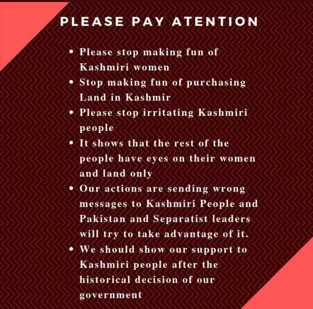 factinism's tweet photo. Stop sharing Kashmir memes insulting Kashmiri people. They need our support and not your bullsh*t memes.!
🙏🇮🇳🇮🇳🙏
#KashmirWelcomesChange 
#KashmirIsOurWeAreKashmir 
#KashmirWithModi 
#Article370 https://t.co/UHQnaosPBA