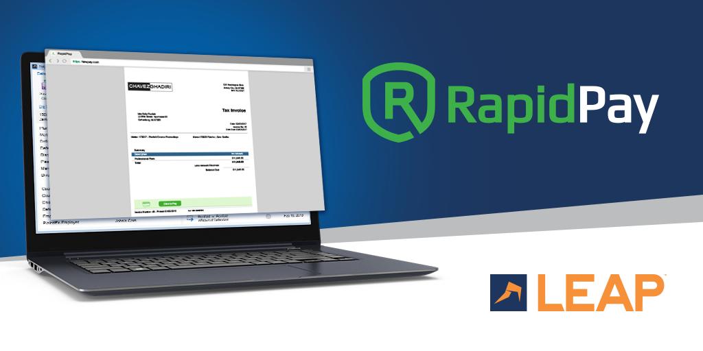 LEAP4Lawyers's tweet photo. Generate a payment footer on every invoice, statement, and trust payment request with RapidPay. Your clients can easily pay their bill with a credit card with the click of a button. Learn more: https://t.co/Tz13Jx0CkV #LEAP #legalsoftware #RapidPay #easybilling https://t.co/nwN2VQWjAZ