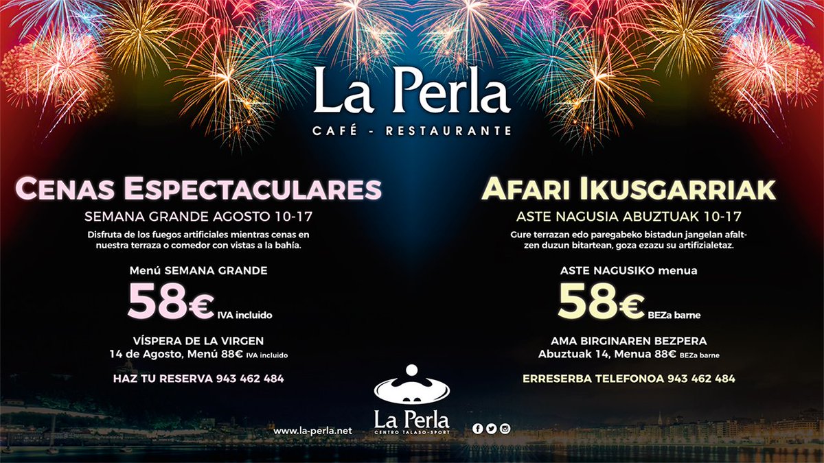 ⚪️🔵#astenagusia19 ¿Ver los fuegos mientras cenas en una de las bahías más bonitas del mundo? ¡Es posible!

CENAS ESPECTACULARES en nuestro #RestauranteLaPerla , ¡por solo 58€!

📞Haz tu reserva 943 462 484