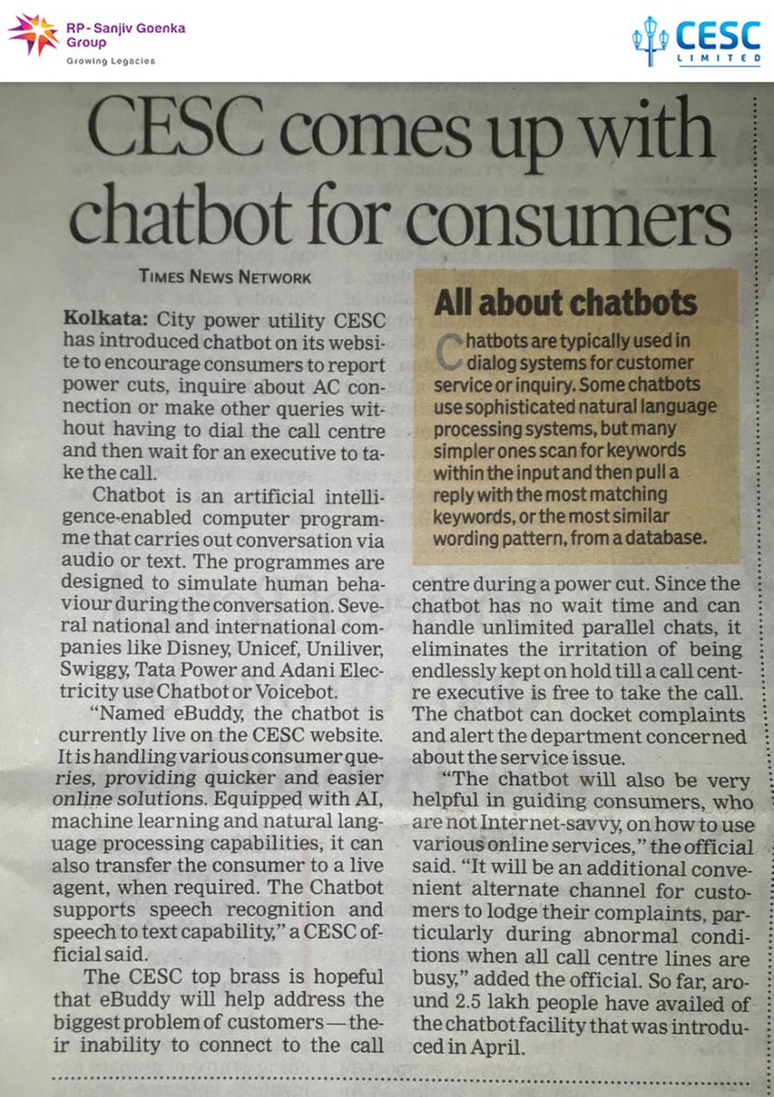 CESCLimited's tweet photo. The times of India features our new AI-equipped chatbot mechanism E-Buddy, which can help a customer to resolve queries with just a click.
Read the article: https://t.co/RGKRtUO9UL
#makingliveseasier #chatbot #ebuddy #cesc #assistance #thetimesofIndia https://t.co/9cDTJtzwWH