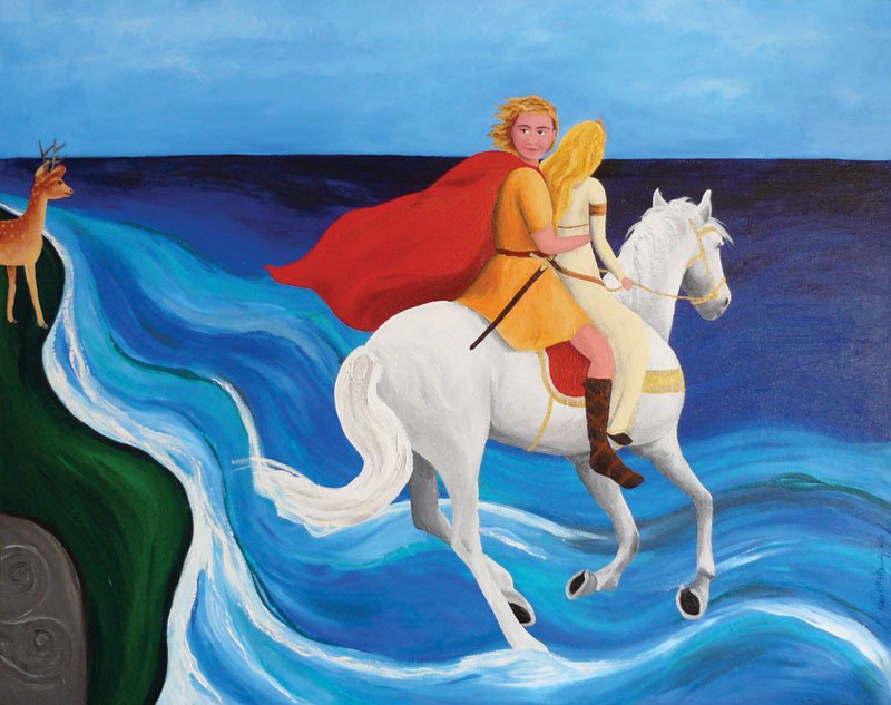 Oisín, "little deer", regarded in legend as greatest poet of Ireland & warrior of fianna in Fenian Cycle of Irish mythology. Son of Fionn mac Cumhaill & Sadhbh. His mother was turned into a doe by an evil druid & he had to live in wild until 7! Travelled to Tír na nÓg with Niamh!