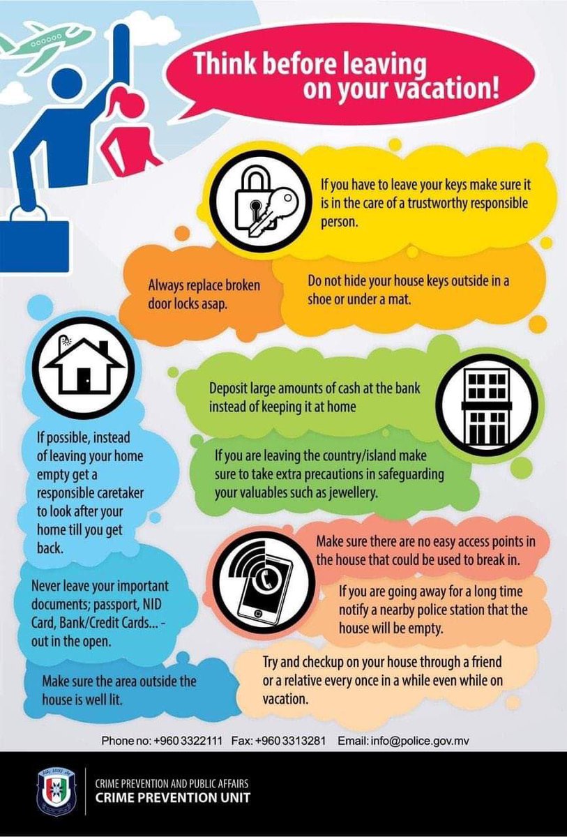 PoliceMv's tweet photo. Before you go on vacation, we have some safety tips for you!
We wish everyone a blessed and enjoyable Eid break ahead! If you need any help, please give us a call via 119.
#BeSafe and enjoy the holidays! 😃
#CPAPA https://t.co/xWo8TqkMzk