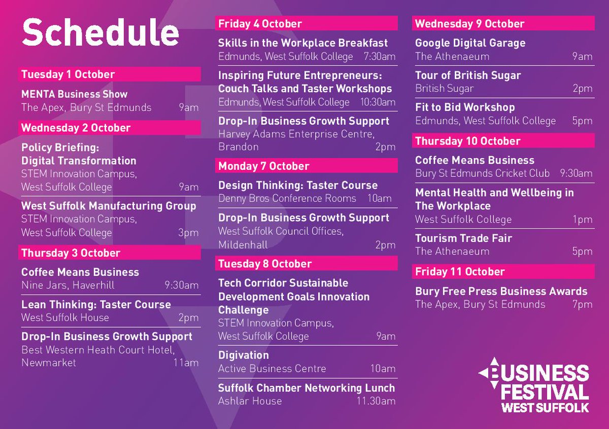 It's here! The full schedule for events at this years #BizFestWS is confirmed and ready to go! Plenty to choose from and lots to do, save 1st-11th October in your diaries and get booking! #networking #growth #Keynote #BuryStEdmunds #Haverhill #Newmarket #Brandon #Mildenhall