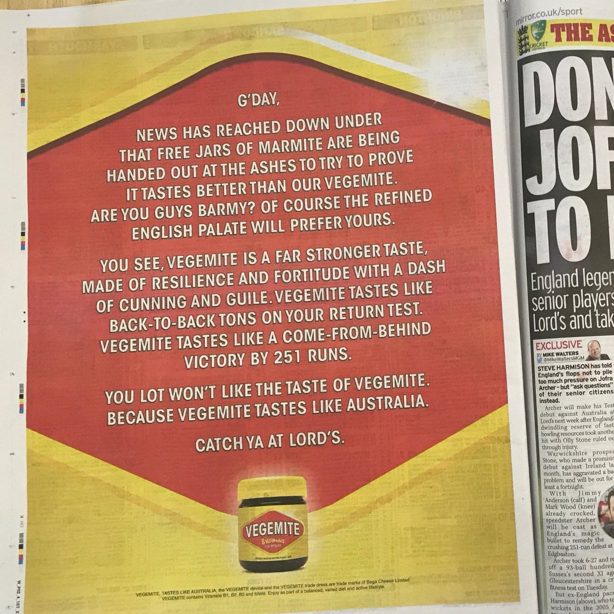 MC372's tweet photo. @VikkiRossWrites @rshotton
Lovely bit of #longcopy for Vegemite with a #smartstrategy, rather than trying to argue that Vegemite tastes better than Marmite, they offer up a smarter defence... https://t.co/Tj3ZvbnrGv
