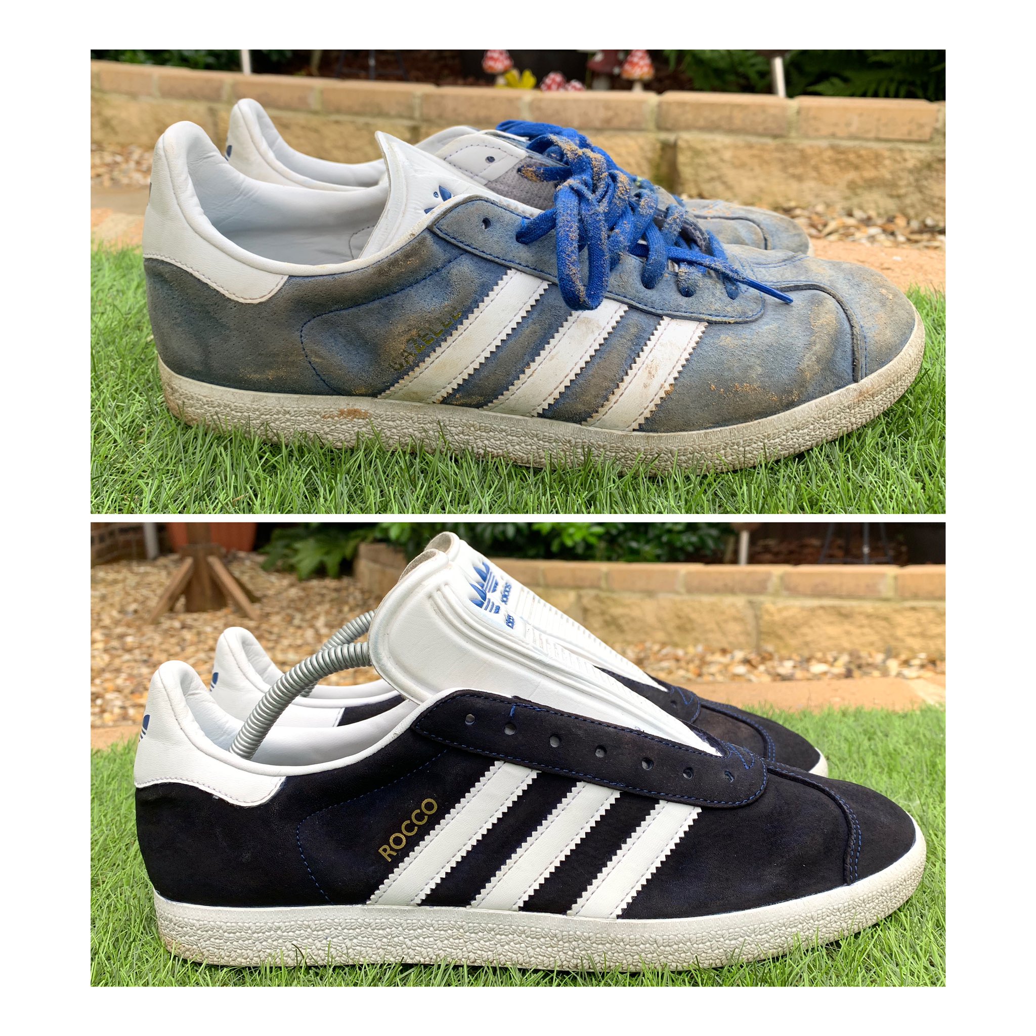 Adikoggz Trainer Customisation X: "Adidas Gazelles custom 😮 BEFORE + AFTER Deep clean, re dye, re lettering to a personal touch. #adidas #adiporn #3stripes #restoration #custom #work #size #gazelle #