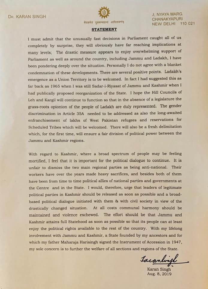 latikanath's tweet photo. #KashmirWelcomesChange A statement by Dr Karan Singh on the recent events connected to Kashmir https://t.co/pf1FkAe2m9