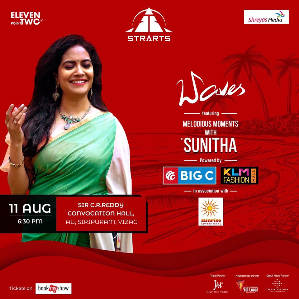 StrartsWorld's tweet photo. We're back for all the Sunitha fans in #Vizag! Grab your tickets for #Waves #MelodiousMoments with Sunitha on bookmyshow: https://t.co/QLKthUf5nN
See you on the 11th of August at #Siripuram.
#Strarts #Platform #ArtEnthusiasts #Events #ArtistsCommunity #11point2 #music #concert https://t.co/FJ1rsvK2f2