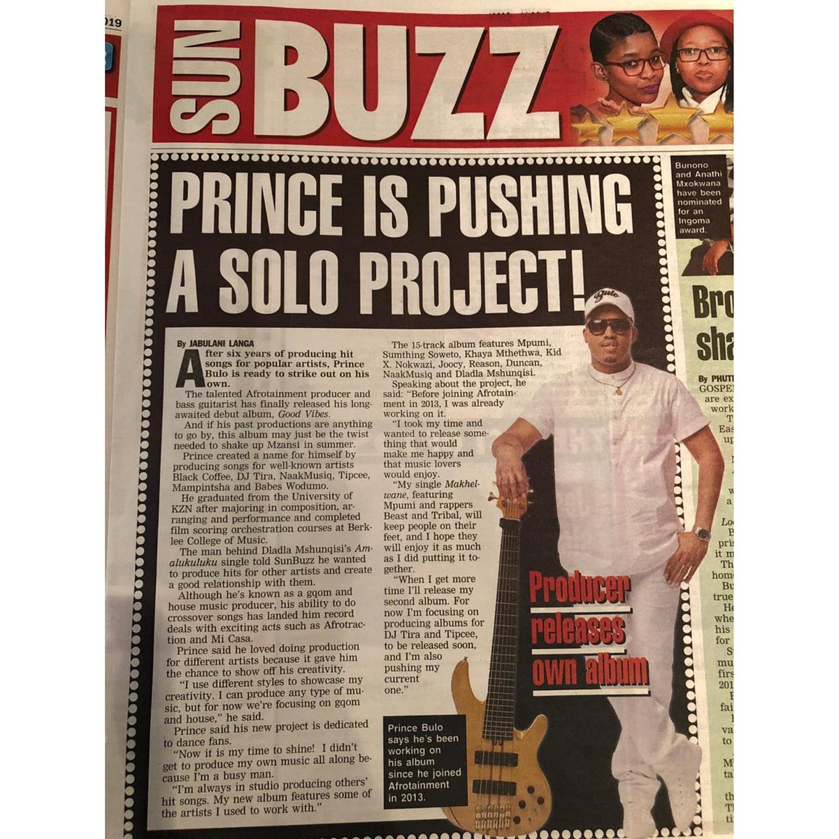 AfroTainmentSA's tweet photo. Lovely article super producer @PrinceBulo ... beautiful people please go get yourself a copy of Daily Sun newspaper today #GoodVibes #AfroAtWork https://t.co/IXQNHBagFn
