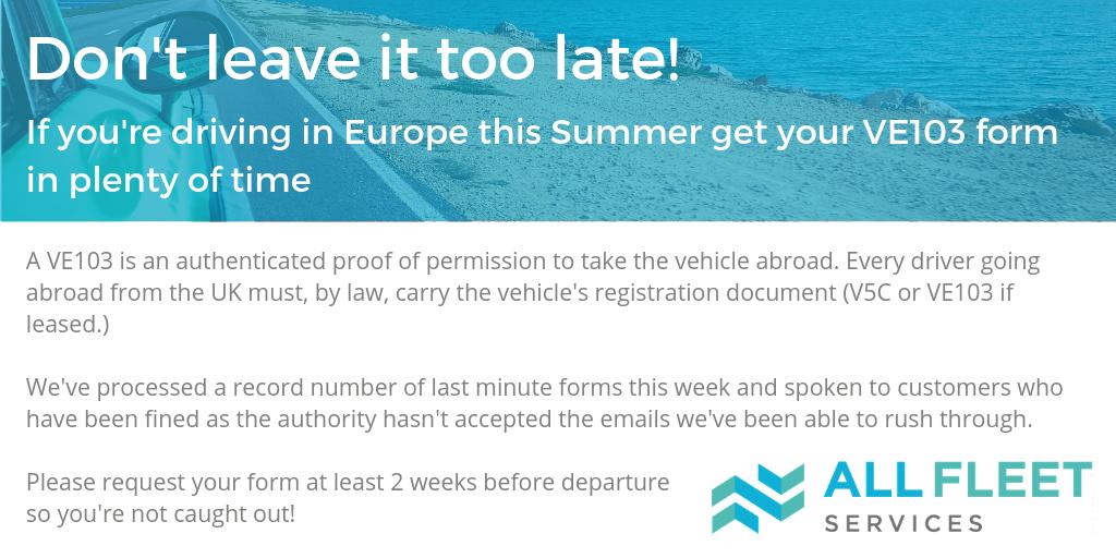 AllFleetSL's tweet photo. We'd hate for you to get caught out if you're driving abroad this summer.....order your VE103 form sooner rather than later!
https://t.co/VHjIhwhd0C https://t.co/EazNXMWFps
