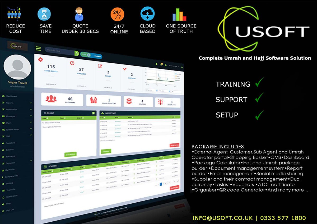 USOFTSOLUTION's tweet photo. Having trouble keeping track of your travel agency's bookings? Usoft will help you manage your business by enhancing your back-end performance with its multiple features. 
#UsoftsolutionsLtd #bespokesoftware #HajjUmrahsoftware #BusinessITsolutions https://t.co/M9y8KohEem