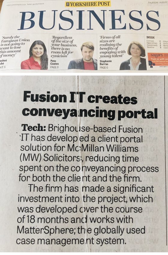 fusionmanit's tweet photo. We’ve got a mention in today’s @yorkshirepost highlighting news of our recent #clientportal solution for @MWSolicitors. If you’d like to find out more, get in touch #conveyancing #mattersphere #askfusion https://t.co/o3qycOdmje
