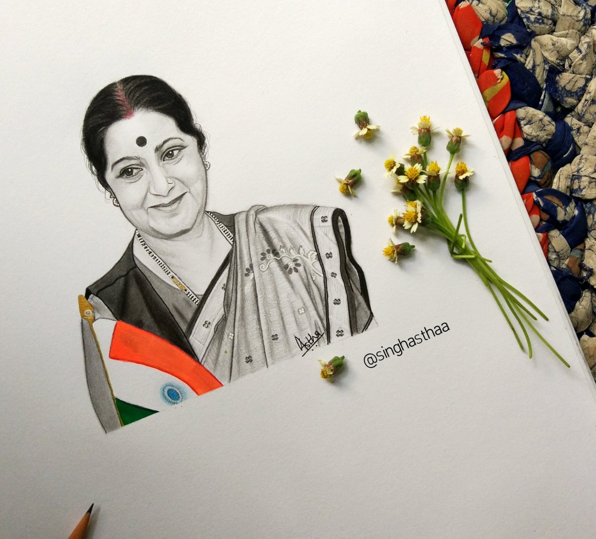 singhasthaa_'s tweet photo. A Tribute to #Sushmaswaraj ji 🙏
-----
she is among very few politicians and ministers india who are in everyone's heart..
----- you will forever be in our hearts... Great soul 🙌
Sketch by me - @singhasthaa 
----
#singhasthaa
#ripsushmaswaraj  #india 
@PMOIndia 
@SushmaSwaraj https://t.co/BZ4JRmg6QK