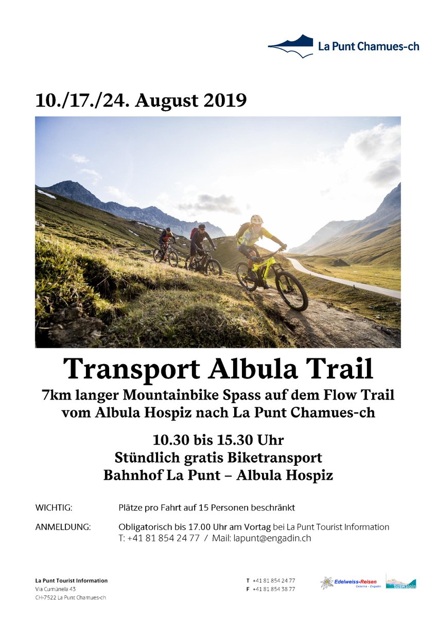EngadinStMoritz's tweet photo. 🚴♀️ Ab aufs Bike. Die kommenden drei Samstage könnt ihr vom gratis Bike-Transport auf den Albula Hospiz profitieren und ab dort den sieben Kilometer langen Flow Trail nach La Punt fahren.
#engadin #lapunt #bike #flowtrails https://t.co/sD34geBq2S