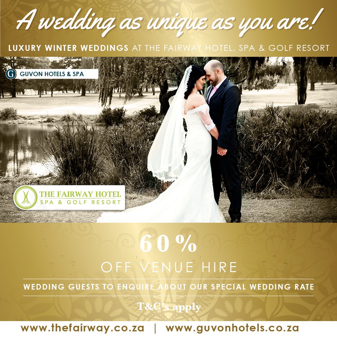 Gasvry's tweet photo. Promosie: Luukse Winter Troue! 60% korting op jou venue by The Fairway Hotel Spa &amp; Golf Resort.
• 1x gratis nagverblyf vir die bruidspaar
• 1x gratis nagverblyf in 'n luukse kamer vir die ouers
• 1x komplimentêre bed &amp; ontbyt op jul eerste herdenking https://t.co/gZe4W1hvNQ https://t.co/9JfTodpvNs