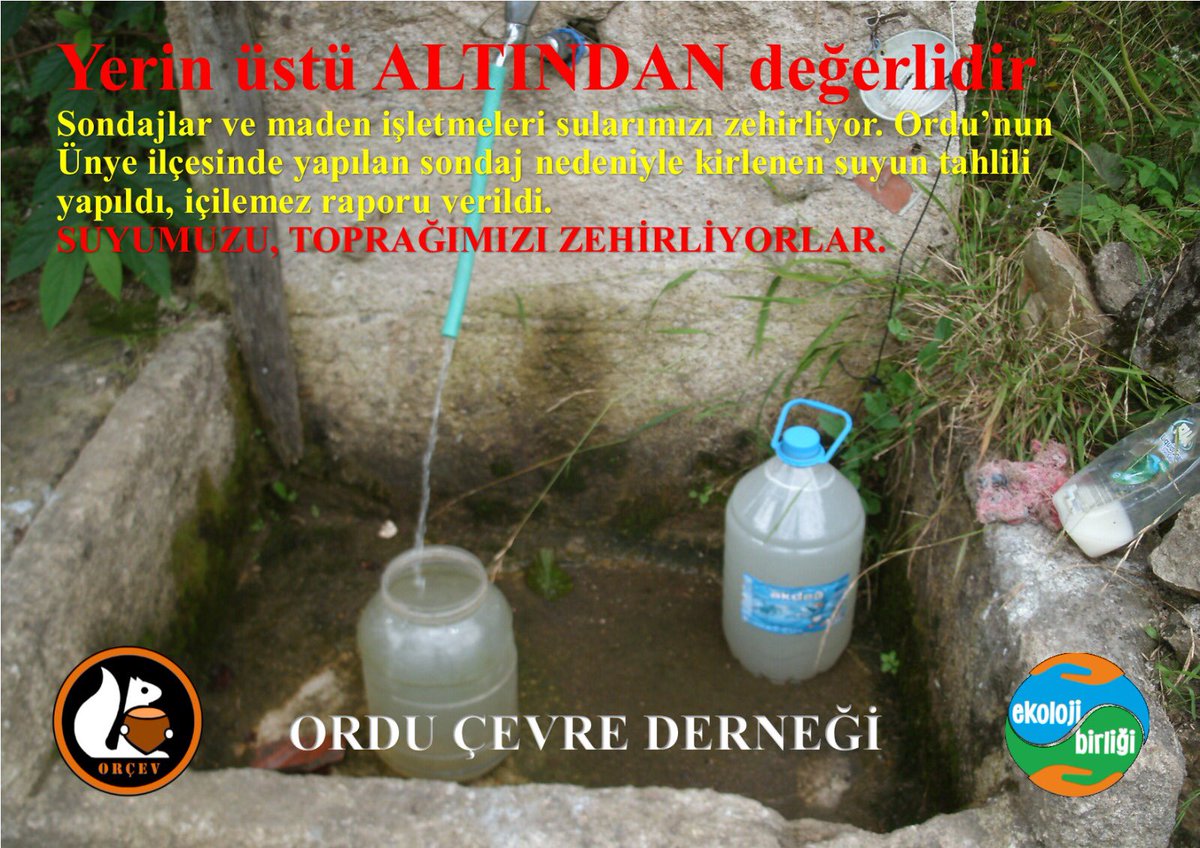 ekolojibirligi's tweet photo. Sondajlar ve maden işletmeleri sularımızı zehirliyor 💀💀💀
Ordu’nun Ünye ilçesinde yapılan sondaj çalışmaları nedeniyle kirlenen suyun analizi yapıldı, İÇİLEMEZ 🆘❌💀 raporu verildi. 
#çekinelinizidoğadan 
#ekolojibirliği https://t.co/AqrrtowQfc