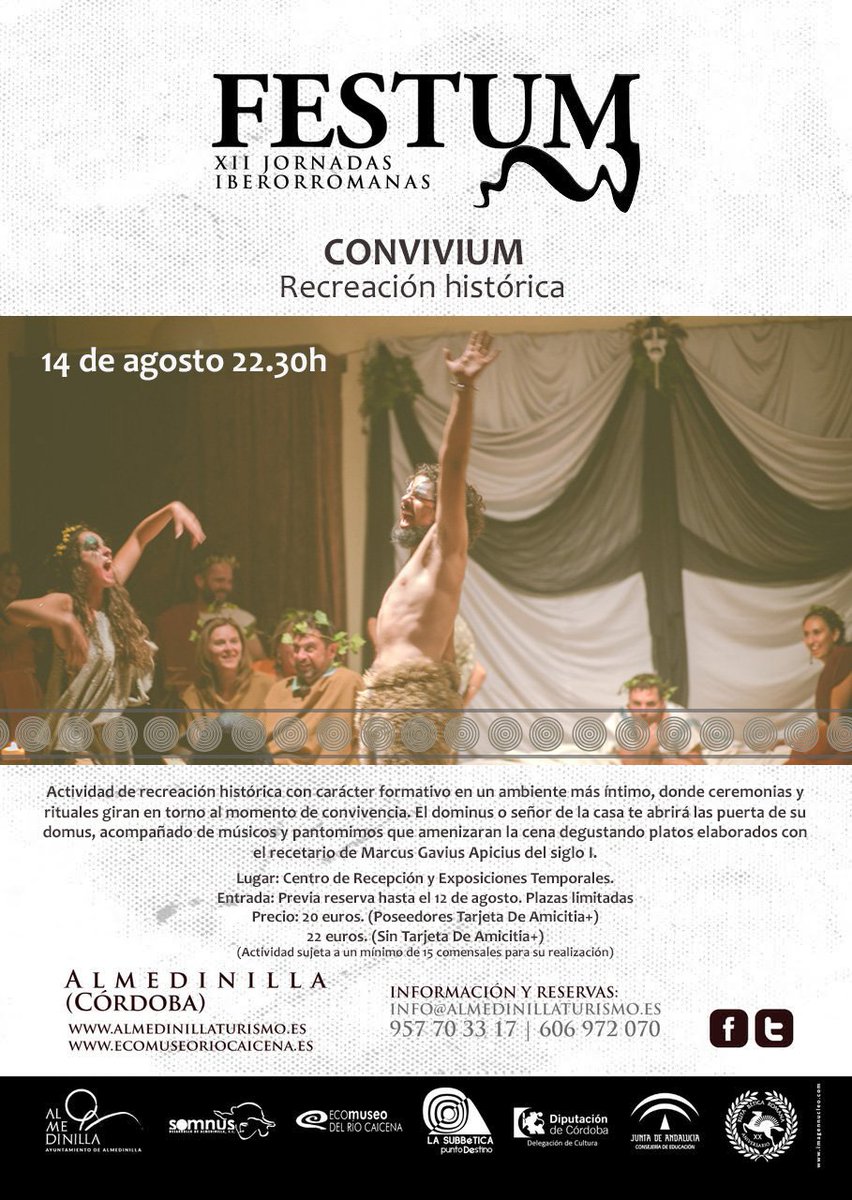 Ya puedes inscribirte en el #Convivium que te propone #FESTUM2019 para el 14 de agosto. 
Información y reservas: 957703317 o info@almedinillaturismo.es 
¡Los dioses nos esperan!