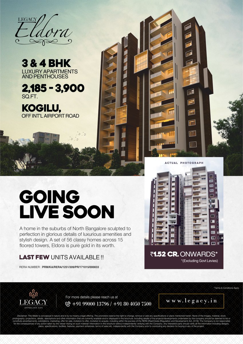 LegacyGlobal_'s tweet photo. Legacy Eldora - 56 Exclusive 3BHK Residences in the Heart of North Bangalore at Kogilu. Going Live Soon!
Call us to know more! https://t.co/Pi3QEZP2tr