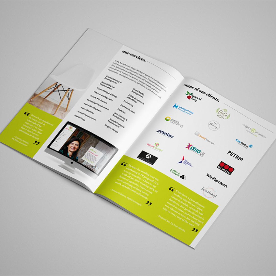 ✘ Is your business in need of a brochure? We can help. We work with a great design team where there are no limits when it comes down to creativity. Enquire today: Grace@weareaphra.co.uk ✘