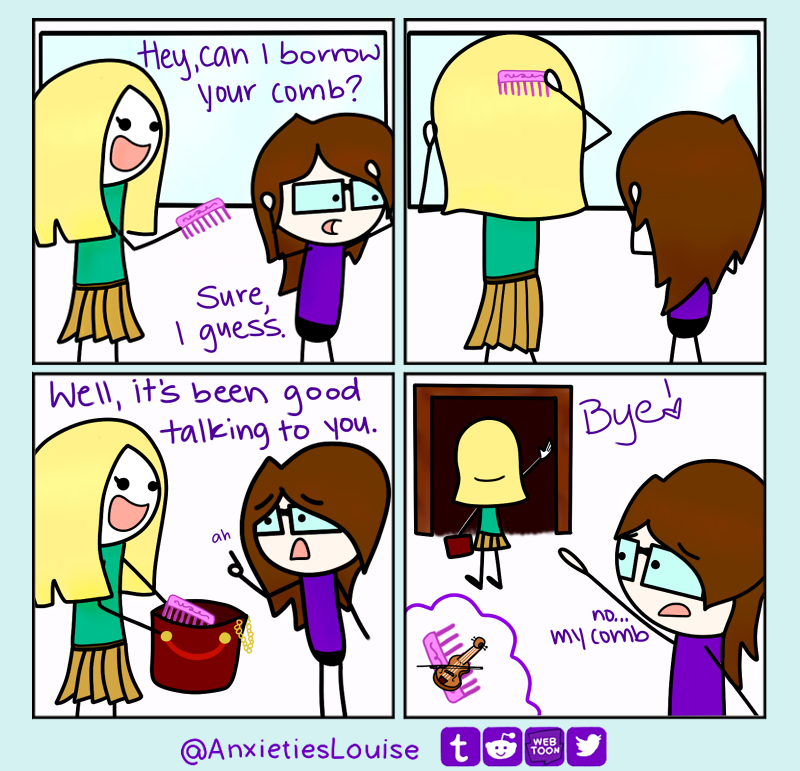 AnxietiesL's tweet photo. How I lost my comb due to my social anxiety...

#comic #webcomic #Anxiety https://t.co/YkDsZ1lA6I