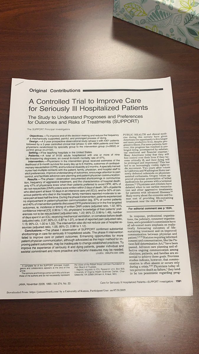 DrAlexanderLane's tweet photo. First journal club at @KUpalliative! Learning about the support study with @ctsinclair. #hapc #hpmclassof20 https://t.co/tvgKVLrR56