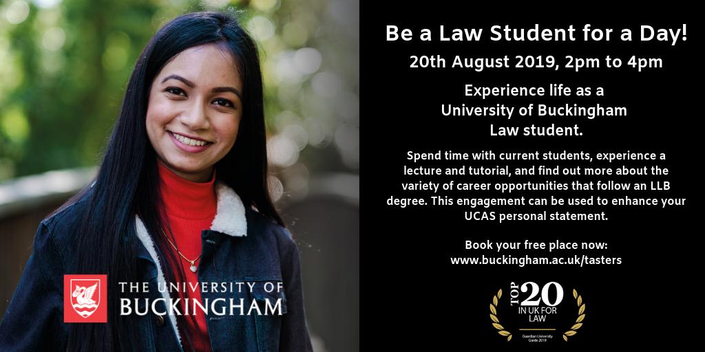 UniOfBuckingham's tweet photo. Considering studying Law at university but unsure what this will entail? Come to our free taster session on 20th August 2019, 2pm to 4pm, to find out! 
Talk to Law students and staff, experience a tutorial and have a look around our campus. Book now: https://t.co/J7YA1hOqvS https://t.co/vF9OkwxbOA