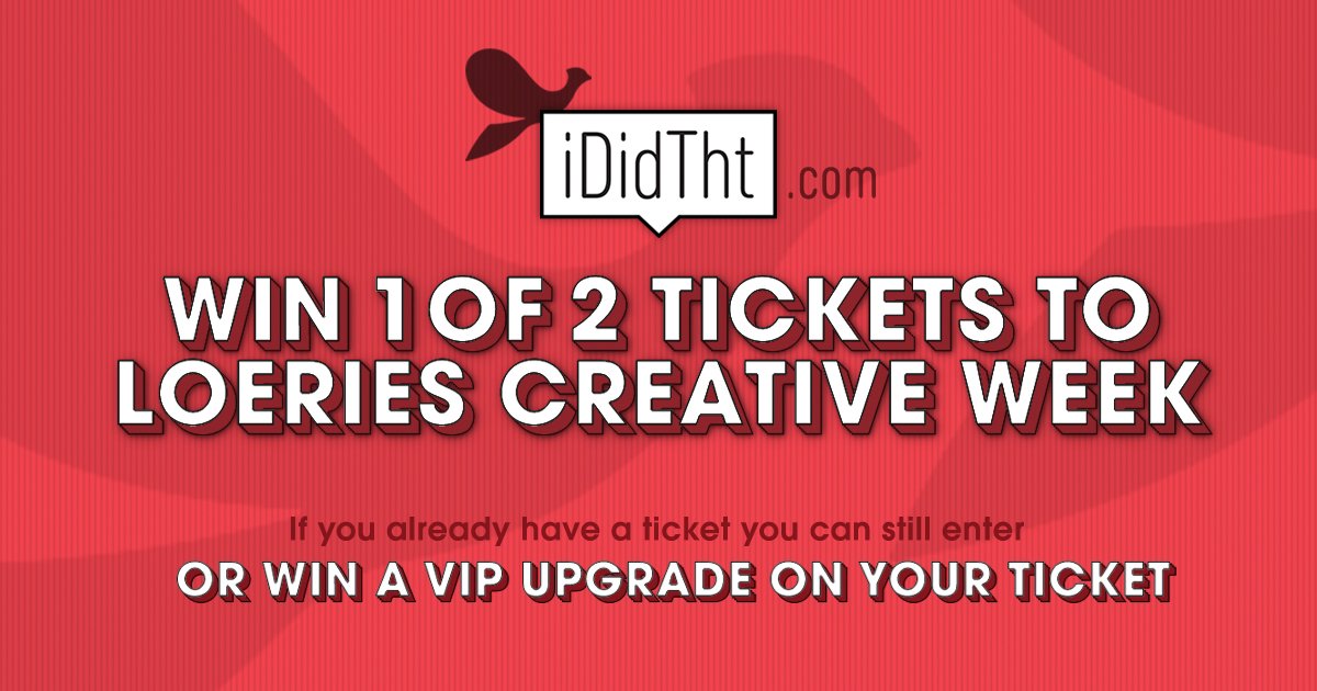 ididtht's tweet photo. We're giving away 2 tickets to #Loeries2019 Creative Week OR if you’ve already purchased your ticket, you can win a VIP upgrade. Enter here: https://t.co/sbRMB0nQbw

Competition closes on the 15th of Aug at 12pm https://t.co/t1QdYg9a77