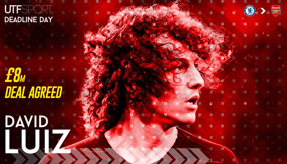 Sport_UTF's tweet photo. 🤝David Luiz is undergoing a medical at Arsenal after the club agreed an £8m fee with Chelsea. 

✍️ The Brazilian defender is expected to sign a 2-year contract before the 5pm deadline. 

🤔 Arsenal fans, let us know your thoughts below!

#DeadlineDay #COYG #AFC #PremierLeague https://t.co/ieQYUN8feI