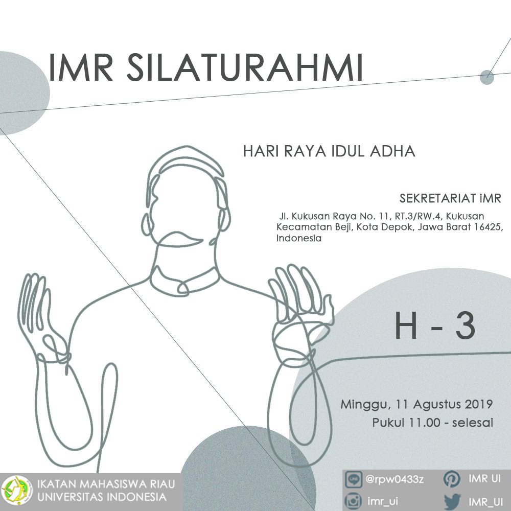 IMR_UI's tweet photo. [H-3 IMR SILATURAHMI] Selamat sore ncik &amp; puan, IMR UI akan mengadakan acara silaturahmi &amp; open house untuk seluruh anggota IMR UI pada: 

🗓️Minggu, 11 Agustus 2019 (jam)11.00 WIB
(rumah) Kesekretariatan IMR UI, Jl. Kukusan Raya No.11 Ditunggu kehadirannya!

#IMRUI 
#WeAreFamily https://t.co/cHDTkO8F3m